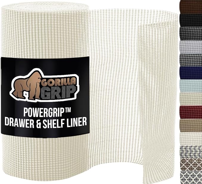 GORILLA GRIP powerGRIP Drawer Shelf and Cabinet Liner, Thick Strong Hold, Non-Adhesive Liners Protect Kitchen Cabinets and Cupboard, Bathroom Drawers, Easy Install, Breathable Mat, 17.5" x20', White
