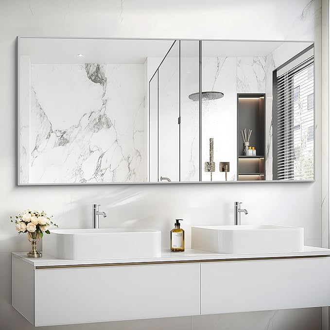 Silver Bathroom Mirror for Wall, 30x60 Inch Rectangle Mirrors with Metal Frame, Modern Vanity Large Wall Mirror for Bathroom Living Room, Entryway Hangs Horizontal or Vertical