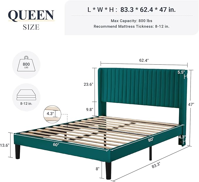 Allewie Queen Size Bed Frame/Velvet Upholstered Platform Bed/Vertical Channel Tufted Wingback Headboard/Strong Wooden Slats/No Box Spring Needed/Easy Assembly/Teal