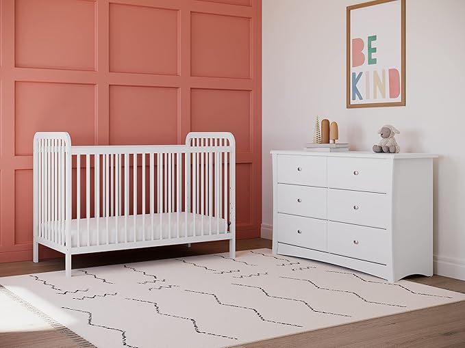 Storkcraft Crescent 6 Drawer Double Dresser (White) – GREENGUARD Gold Certified, Nursery Dresser for Kids Bedroom