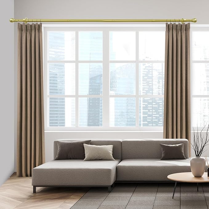 Curtain Rods for Windows 16 to 92 Inches, Curtain Rod Max Adjustable Length of 104 IN, 6/8" Diameter Drapery Rods Round Finials, Warm Gold, Pack of 2