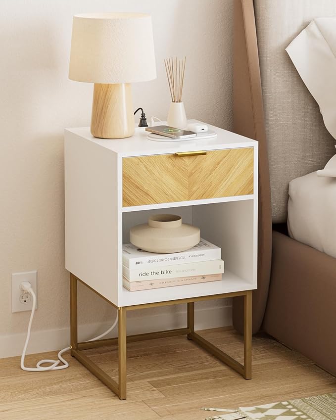 Nightstand with Charging Station,Modern Night Stand Boho Farmhouse Wood Bedside Table with Storage Drawer and Open Shelf,Side End Table for Bedroom,Living Room,White