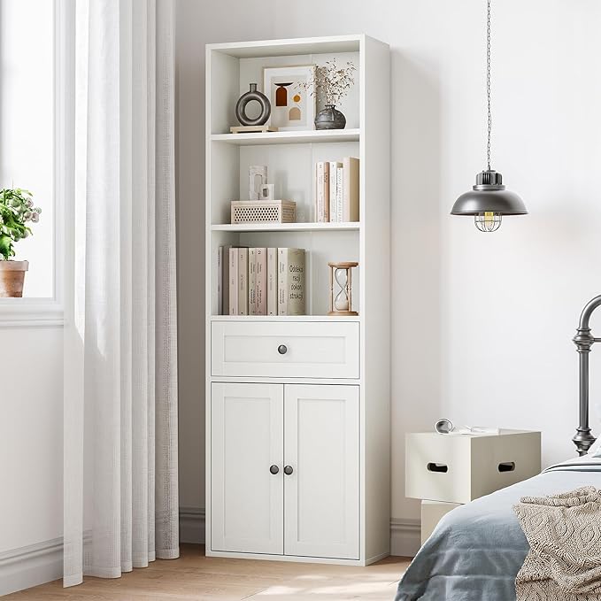 Casaottima Bookshelf and Bookcase with Doors and Drawer, Floor Standing 6-Tier Shelf Display Storage Shelves, Tall Bookcases for Home Office, Living Room, White