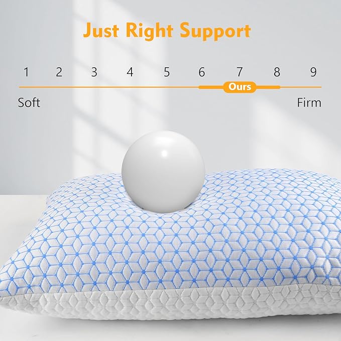 Shredded Memory Foam Pillows Queen Size Set of 2, Cooling Firm Pillows Queen Size 2 Pack for Bed, Adjustable for Side Back Stomach Sleepers