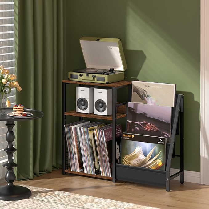 LELELINKY Record Player Stand with Vinyl Storage, 3 Tier Turntable Stand with Display Shelf Storage Up to 150 Albums,Brown End Table for Living Room