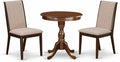 East West Furniture ESLA3-MAH-04 3 Piece Kitchen Table & Chairs Set Contains a Round Dining Room Table with Pedestal and 2 Light Tan Linen Fabric Parsons Chairs, 30x30 Inch, Mahogany