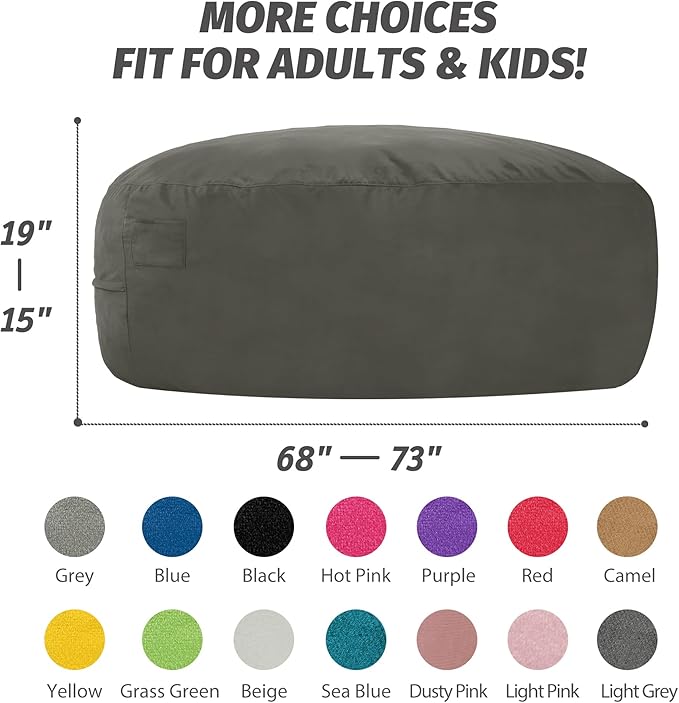 7FT Bean Bag Chair with Ultra Soft Velvet Cover Bean Bag Sofa with Memory Foam Bean Bag Chairs with Large Size Lazy Sofa for Dorm Office Living Room Bedroom Light Grey 7'