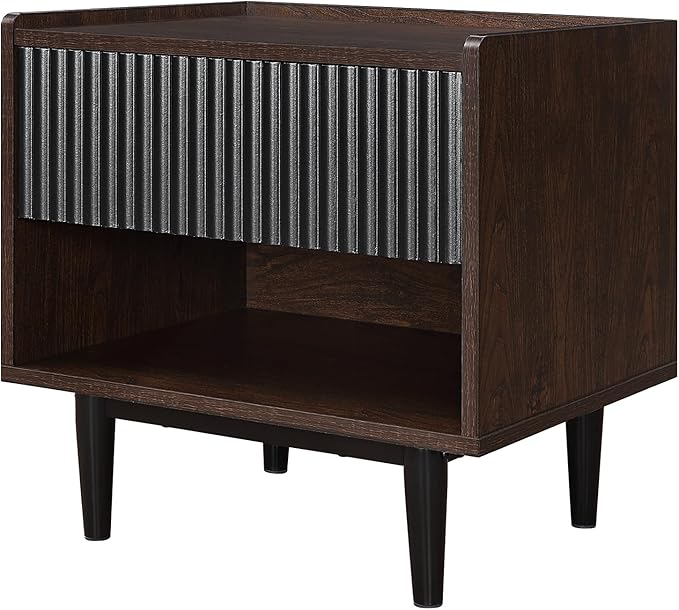 Manhattan Comfort Duane Modern Ribbed Nightstand, Bedside Table with Full Extension Drawer and Open Shelf, Industrial Chic Living Room and Bedroom Furniture, Black