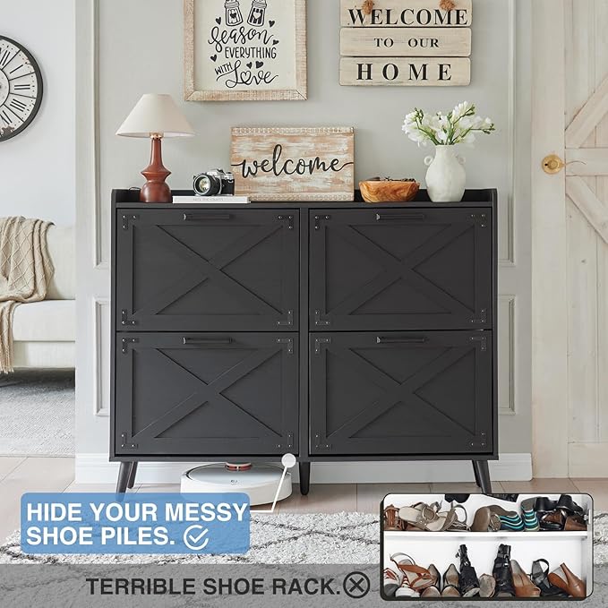 Shoe Storage Cabinet,Farmhouse Shoe Organizer with 4 Flip Drawers & Barn Door Design,Freestanding Hidden Slim Narrow Shoe Rack Cabinet for Entryway,Foyer,Hallway,Black