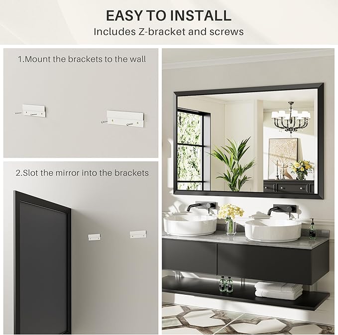 72x36 Inch Black Bathroom Mirror for Wall, Thick Metal Framed Rectangle Mirrors for Over Sink, Bedroom, Living Room, Entryway, Anti-Rust, HD Tempered Glass