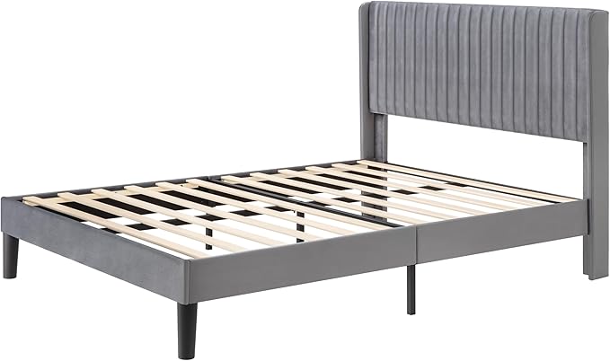 Allewie Queen Size Velvet Bed Frame/Vertical Channel Tufted Wingback Headboard/Upholstered Platform Bed/Strong Wooden Slats/No Box Spring Needed/Easy Assembly/Grey