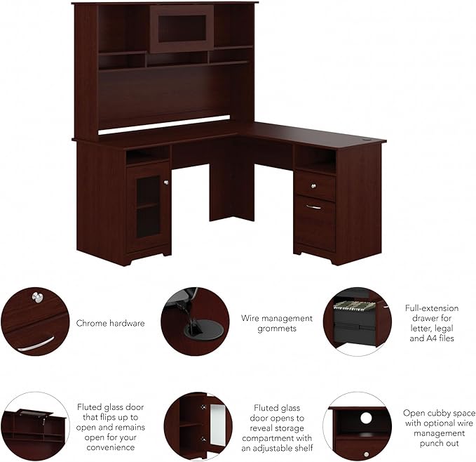 Bush Furniture Cabot L Shaped Computer Hutch, Corner Desk with Storage for Home Office, 60W, Harvest Cherry