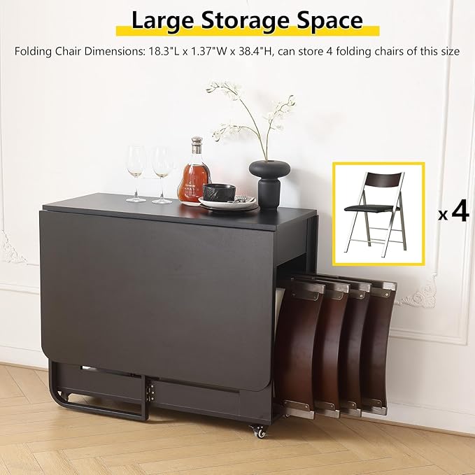 Folding table and chair set, dining table with extra large storage space and 4 universal wheels, matched with padded steel frame folding chairs, space-saving dining table and 4 chairs (Brown)