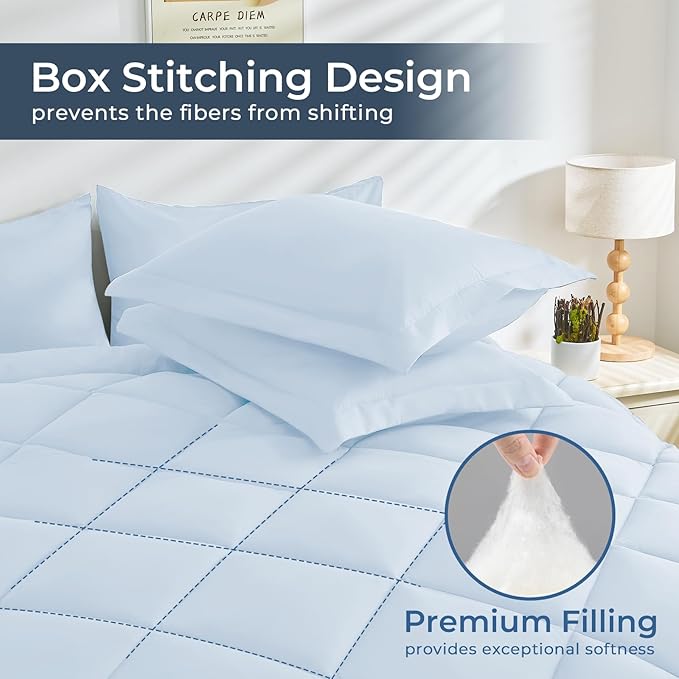HEVUMYI Light Blue Cali-King Comforter Set - 7-Piece All Season Bed in a Bag Cali-King, Ultra Soft Bedding Set with Comforter, Flat Sheet, Fitted Sheet, Pillowcases, Pillow Shams