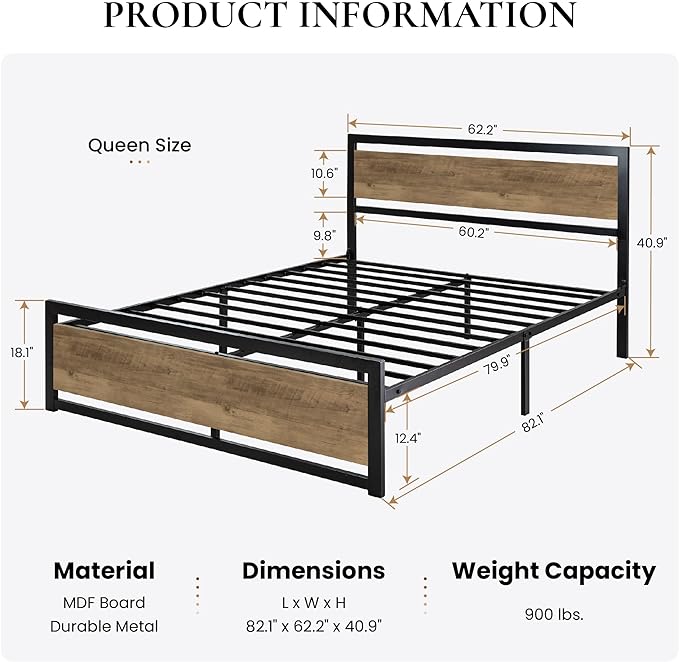 SHA CERLIN Queen Size Bed Frame with Modern Headboard, Heavy Duty Platform Metal Base with Square Footboard and 13 Strong Slats Support, No Box Spring Needed, Brown
