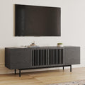 POVISON Full Assembled Mid-Century Modern TV Stand with Slatted Doors, Wood Media Console for 65 Inch TV, TV Console with Tall-cast Metal Legs, Entertainment Center with Storage for Living Room