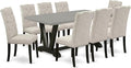 East West Furniture V697EL635-9 9 Piece Dining Set Includes a Rectangle Dining Room Table with V-Legs and 8 Doeskin Linen Fabric Upholstered Parson Chairs, 40x72 Inch, Multi-Color