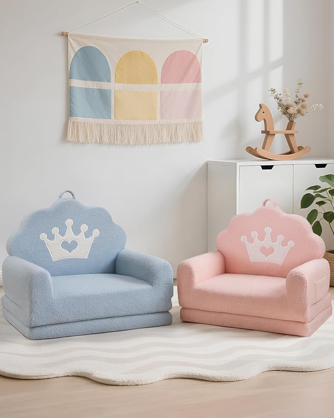 2-in-1 Kids Couch Fold Out, Soft Teddy Sherpa Toddler Couch with Crown Design, Convertible Kids Sofa to Lounger for Nap & Playtime, Cozy Children's Furniture for Boys & Girls, Pink