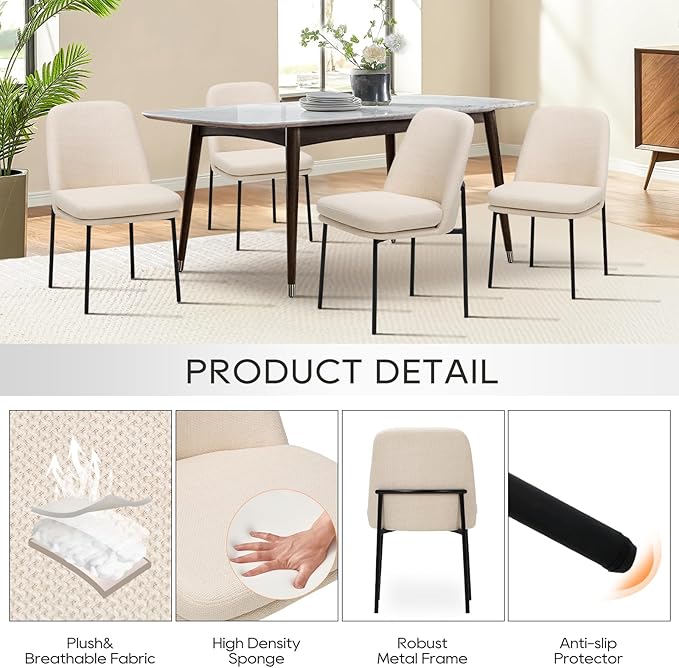 COLAMY Modern Dining Chairs Set of 2, Fabric Upholstered Dining Room Chairs Dinner Chair Stylish Kitchen Chairs with Curved Back and Metal Legs, Beige