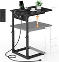 Vagusicc C Shaped End Table with Charging Station, 33" Tall Side Table for Couch, C Table Adjustable Height Small Couch Side Tables, Slide Under Sofa Table TV Tray Tables for Living Room,Bedroom,Black