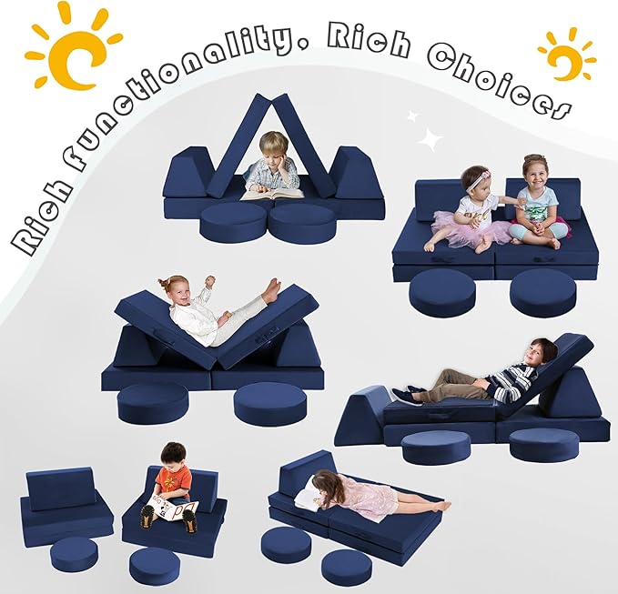 MeMoreCool Modular Kids Couch for Playroom, Navy Foam Play Couch for Toddlers, Building Fort Explorer Sofa