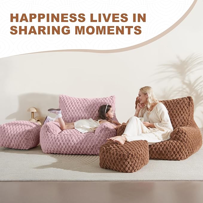 Bean Bag Chair with Ottoman - Modern Comfy Beanbag Sofa with Footrest, Soft Faux Fur Lounger Chair for Adults Teens, Cozy Memory Foam Filled Gaming Reading Chairs for Bedroom, Living Room (Dusty Pink)