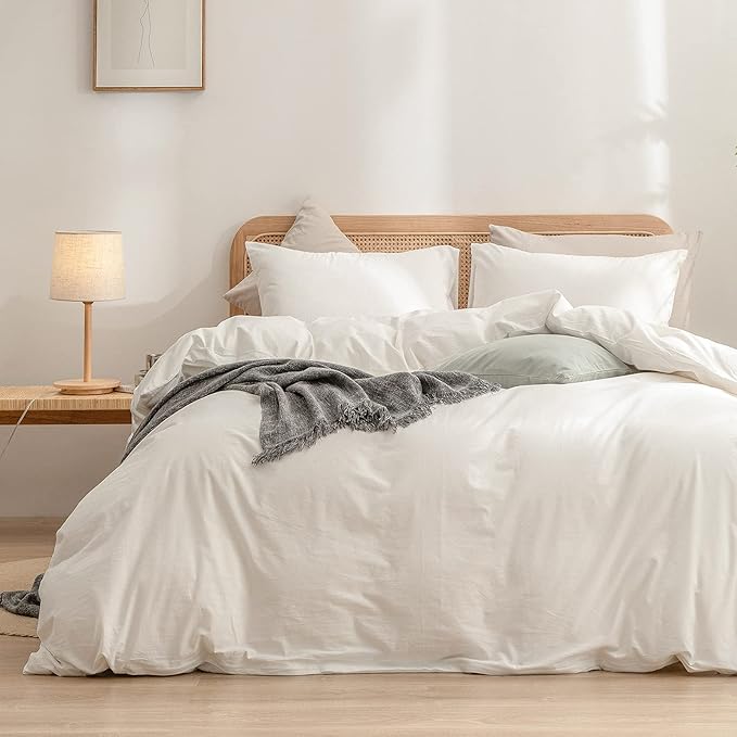 BESTOUCH Duvet Cover Set 100% Washed Cotton Linen Feel Super Soft Comfortable Chic Lightweight 3 PCs Home Bedding Set Solid Off White Super King Plus