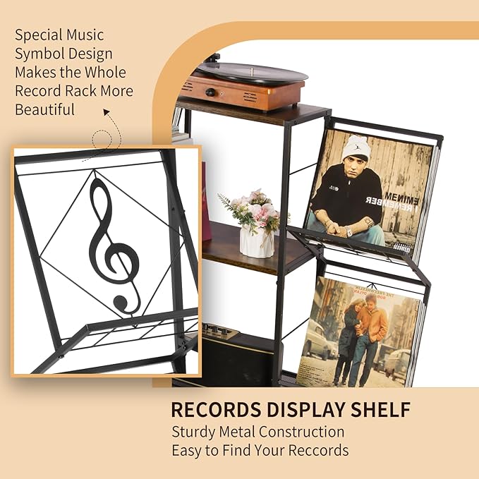 Record Player Stand with Vinyl Record Storage, Turntable Stand with 2-Tier Vinyl Display Shelf & Metal Frame, Record Holder for Living Room, Rustic Brown