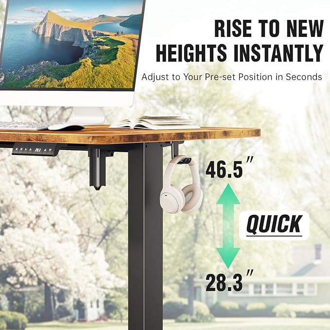 Veken 47.2" Standing Desk, Adjustable Height Office Desk with Wood Desktop, Computer Table for Home Work, Study and Gaming, Small Spaces, Modern Furniture，Brown
