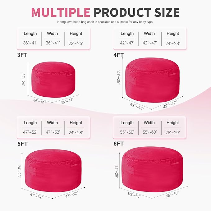 Homguava 4 FT Bean Bag Chair: 4' Bean Bags with Memory Foam Filled, Large Beanbag Chairs Soft Sofa with Dutch Velvet Cover-Pink