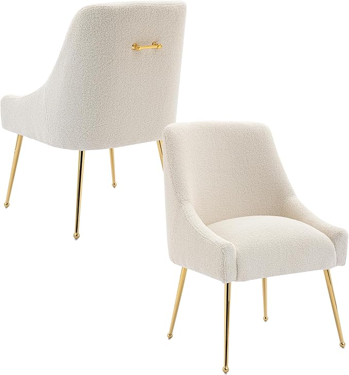Modern Velvet Dining Chairs Set of 2, Contemporary Upholstered Furniture Collection with Polished Gold Metal Legs, Elegant Accent Chairs for Kitchen Living Room(Teddy Fleece,Beige)