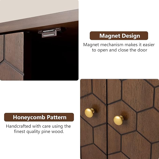 COSIEST Set of 3 32" Storage Sideboards with Doors, Accent Cabinets with Magnetic Push-to-Open Doors, Brown Honeycomb Pattern, Entryway Console for Living Room, Kitchen, Hallway