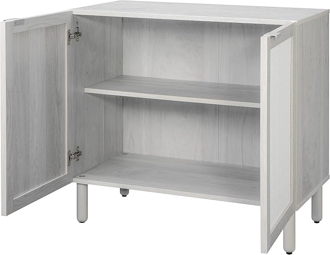 Sango Orre 2-Door Cabinet, Modern Sand Storage Cabinet with Synthetic Rattan Door Panels, Adjustable Shelf, Cylindrical Wood Legs, Discreet Finger Pulls, Elegant Furniture for Living or Dining Room