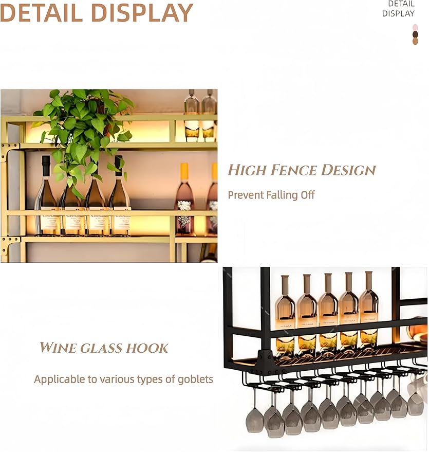 Metal Wall-Mounted Wine Rack with LED Light - 3 Tier Wine Storage Display Rack with Glass Holder - Space-Saving Bottle Display Shelf for Home Bars, Dining Rooms(Gold, 47in/120cm)