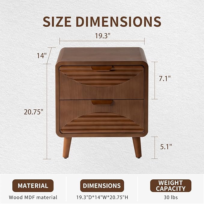 COSIEST Mid-Century Nightstand, Vintage Accent Furniture w 2 Storage Drawers, Modern End Table w Striped Pattern, Wood Small Accent Table for Bedroom, Living Room(Brown,2 Pieces)