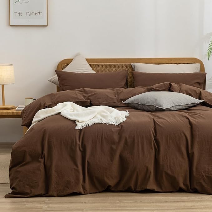 BESTOUCH Duvet Cover Set 100% Washed Cotton Linen Feel Super Soft Comfortable Chic Lightweight 3 PCs Home Bedding Set Solid Cocoa Brown Cal King
