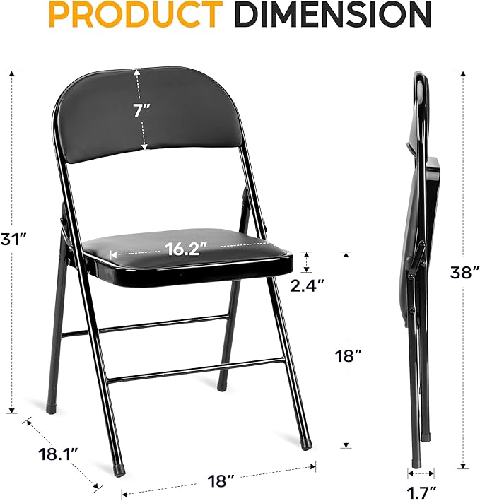 HealSmart 4 Pcs Folding Chairs with Leather Padded Cushion Seats, Back & Sturdy Metal Frame, Stackable, Portable, Commercial Event Seat, Indoor Outdoor for Parties, Home Event, Office, Black