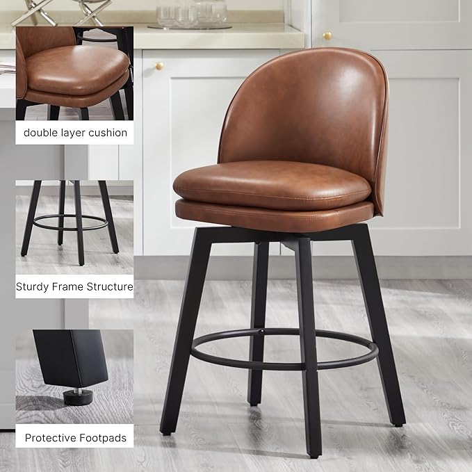 Counter Height Barstools 26 inch Upholstered Swivel Bar Stools with Back and Wood Legs for Kitchen Island,Set of 1,Brown PU Leather-Armless