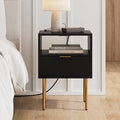 Masupu Nightstand with Charging Station,Mid-Century Modern Bedside Table with Storage Drawer and Open Wood Shelf,Small Gold Frame Side Table for Bedroom,Living Room (Black)