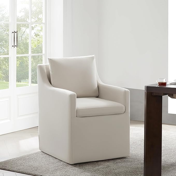 Upholstered Dining Chairs with Casters Washable Cover Side Deskchair with Rollers for Diningroom, Living Room, Flax Beige, 2 Box