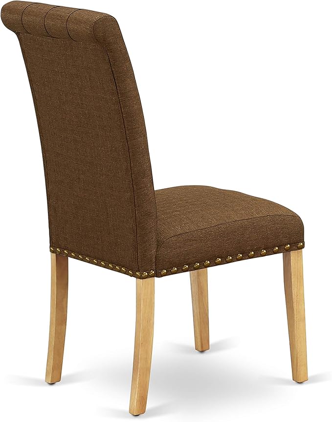 East West Furniture ESBR3-OAK-18 3 Piece Kitchen Table & Chairs Set Contains a Round Dining Room Table with Pedestal and 2 Brown Linen Linen Fabric Parsons Chairs, 30x30 Inch, Oak