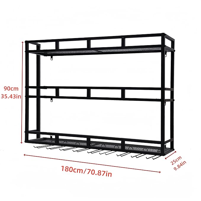 Metal Wine Rack Wall Mounted, Bar Shelves for Liquor Bottles with LED Light, 3 Tier Large Capacity Liquor Rack Wall Mounted with Glass Holder for Home Bar & Dining Room （Black, 71in/180cm）