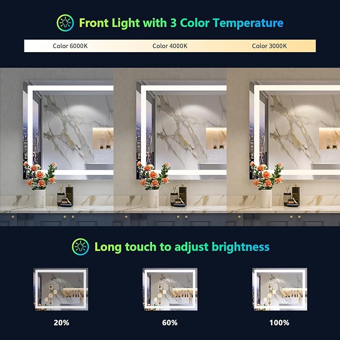 40x32 Inch RGB LED Bathroom Mirror Front Light and RGB Backlit Lighted Vanity Mirror for Bathroom Wall Mounted Dimmable Anti Fog Memory Shatter-Proof IP54 Waterproof Horizontal/Vertical
