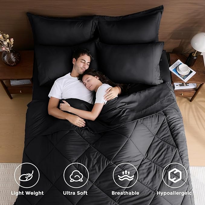 HEVUMYI Black Twin-XL Comforter Set - 5-Piece All Season Bed in a Bag Twin-XL, Ultra Soft Bedding Set with Comforter, Flat Sheet, Fitted Sheet, Pillowcases, Pillow Shams, Black