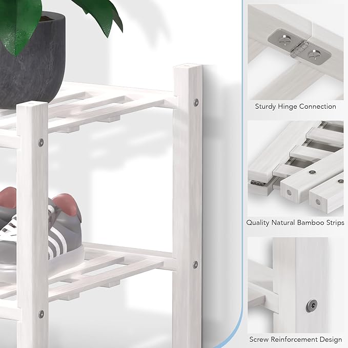 Haddockway Large 2 Tier Bamboo Shoe Rack Storage Organizer, Multifunctional Free Standing Stackable Shoe Shelf with Grid Panel for Closet,Hallway,Entryway,Small Space 27"x12"x14"(White, 2-Tier(Large))