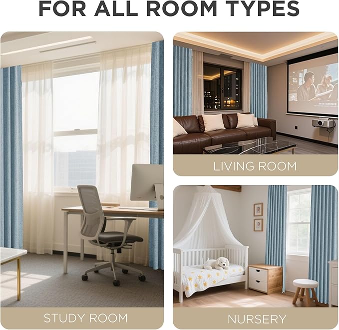 Joydeco 100% Blackout Curtains for Bedroom - Natural Linen Curtains 84" L Long, Thermal Insulated 2 Panels Sky Blue Light Blocking Drapes, Rod Pocket & Back Tabs, Darkening Privacy for Living Room