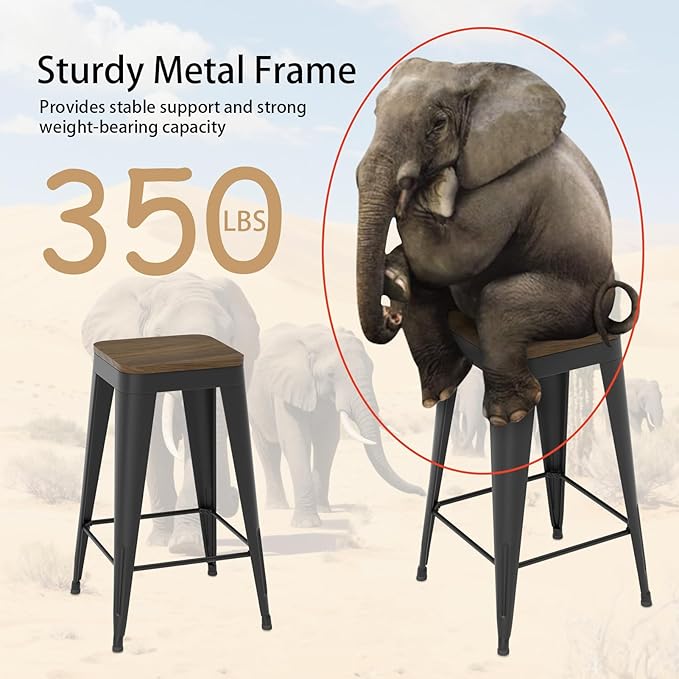 26 inch Backless Bar Stools Set of 4, Indoor Metal Bar Stools with Wood Seat, Industrial Counter Height Barstools for Kitchen Island, Black