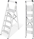 KINGRACK Aluminium 5 Step Ladder, Lightweight Step Stool with Non-Skid Pedals, Handrail, Foldable Step Ladder for Kitchen, Garage, Home, Space Saving, Sturdy and Portable, Silver