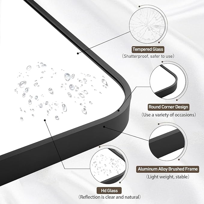Black Bathroom Mirror, 20x30 Inch Matte Black Mirror, Aluminum Alloy Framed Vanity Mirror, Rounded Rectangle Bathroom Mirror for Over Sink, Anti-Rust Wall Mirror (Horizontally or Vertically)