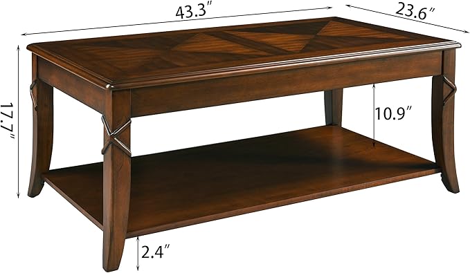 Solid Wood Coffee Table with Storage Shelf, Rectangle Coffee Table for Living Room, Mid-Century Living Room Table with Curved Legs, Large Countertop Cocktail Center Table, Cherry Walnut KFZ-DR200